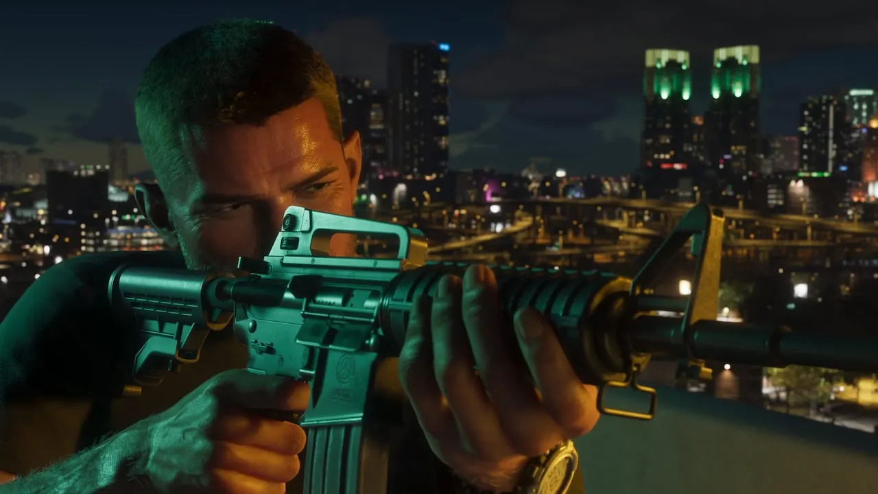 Jason aiming a rifle from a rooftop over the city at night