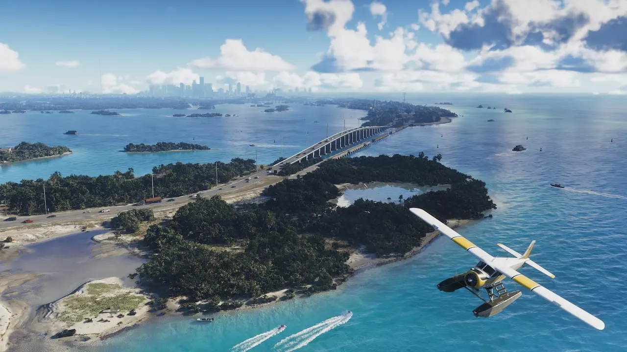 A seaplane flying over green islands and a long bridge in the Leonida Keys
