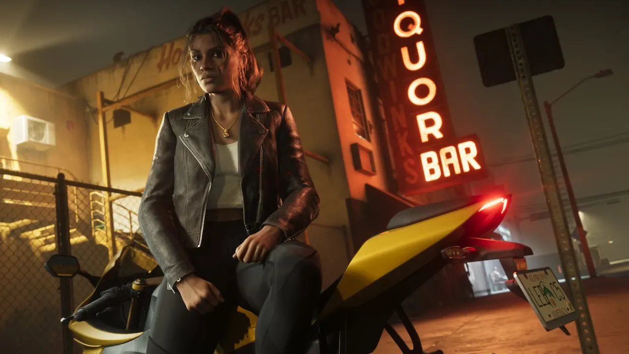 Lucia Caminos in a leather jacket on a yellow motorbike outside a neon liquor bar at night