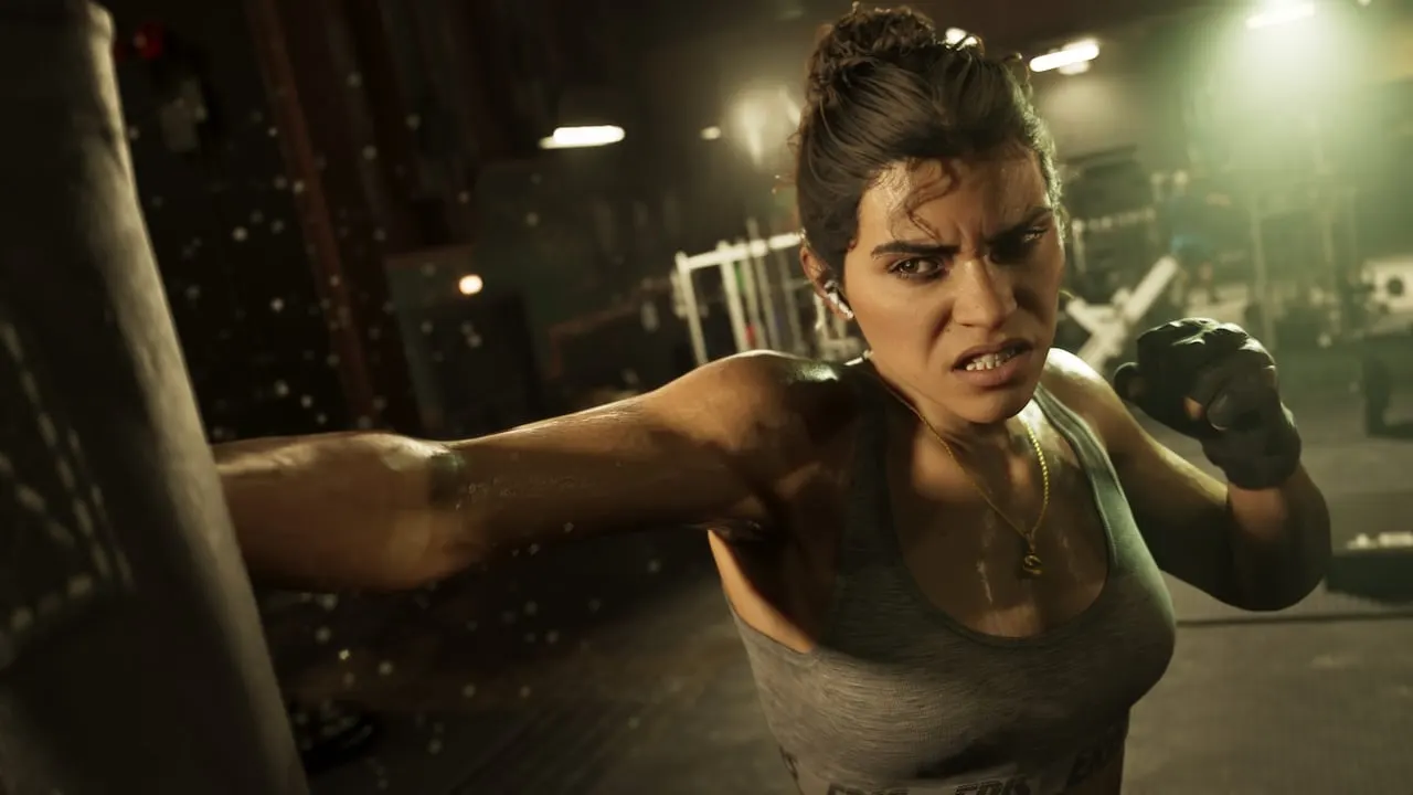 Lucia throwing a punch in a boxing gym
