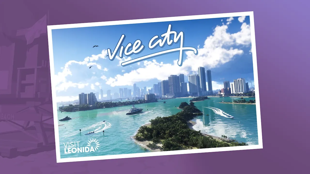 A Vice City postcard showing the skyline and the bay