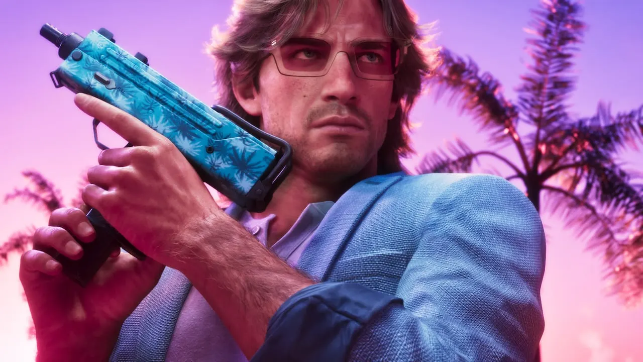 A man in pink-tinted glasses holding a blue submachine gun under palm trees