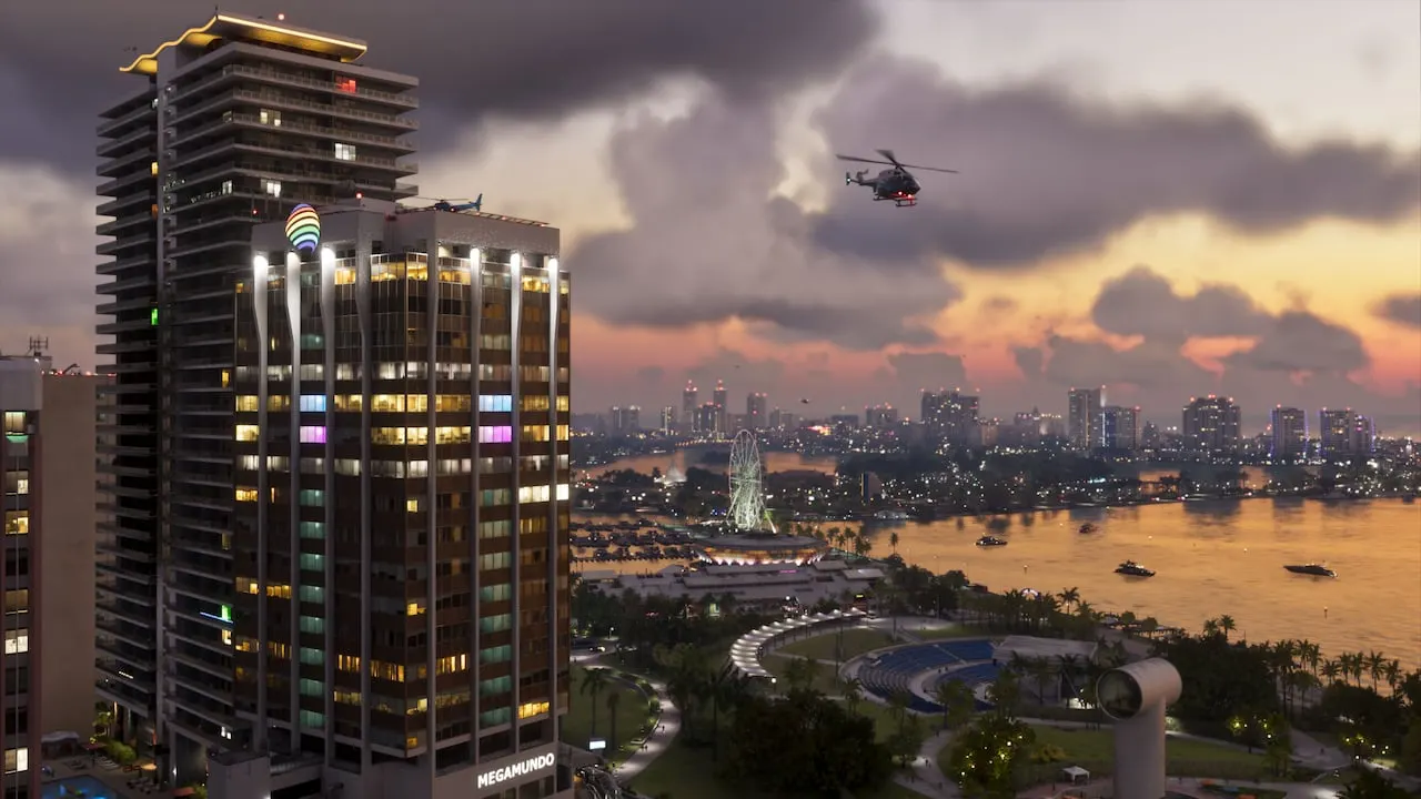Vice City towers and the bay under storm clouds at sunset, a helicopter overhead